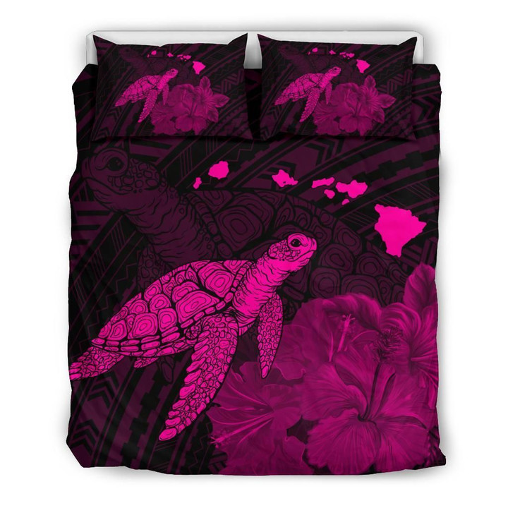 Hawaii Polynesian Hibiscus Turtle Map Pink Duvet Cover Bedding Set