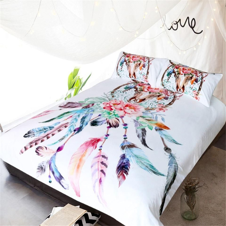 Floral Dreamcatcher Multicolor Feathers Duvet Cover Bedding Set