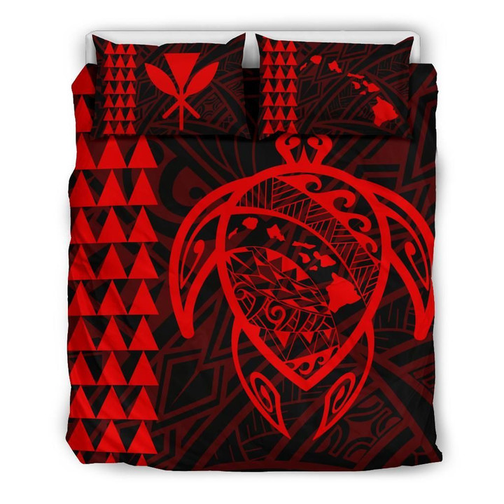 Hawaiian Map Kakau Turtle Kanaka Polynesian Red Duvet Cover Bedding Set