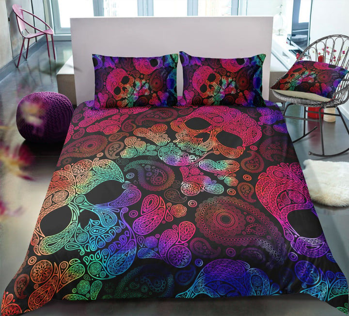Colorful Skull Head Paisley Pattern Duvet Cover Bedding Set