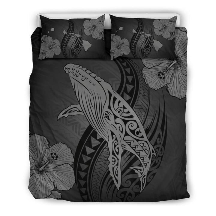 Gray Hawaiian Map Whale Swim Hibiscus Polynesian Duvet Cover Bedding Set