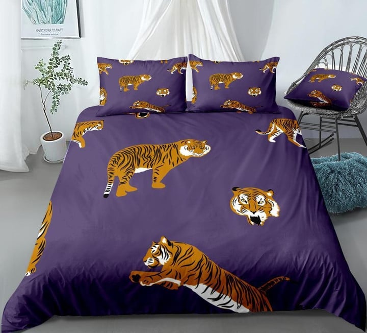 Cartoon Tiger Purple Background Duvet Cover Bedding Set