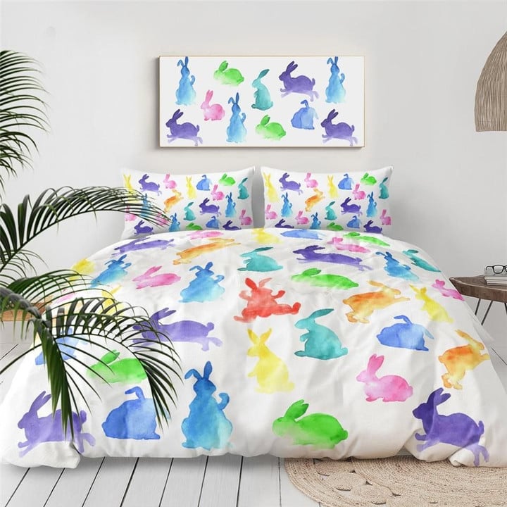 Colorful Rabbit White Background Duvet Cover Bedding Set