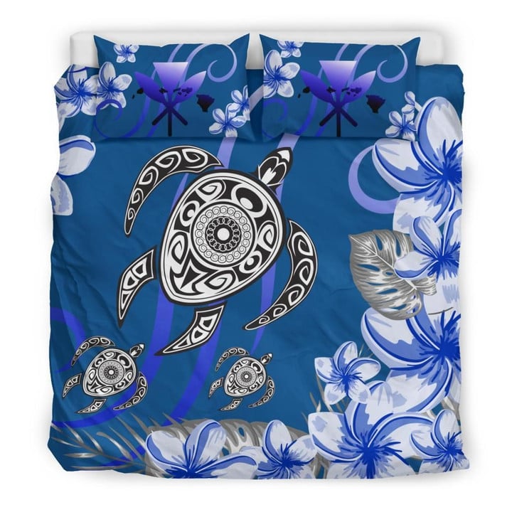 Hawaii Turtle Polynesian Mix Plumeria Blue Duvet Cover Bedding Set