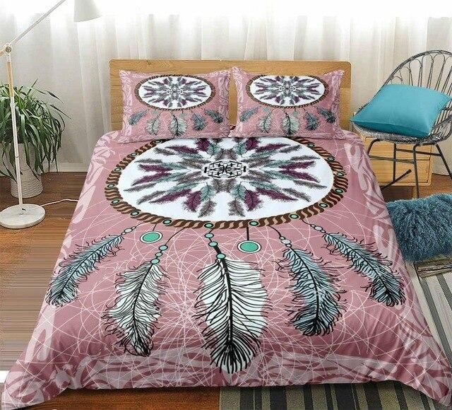 Boho Colored Feathers Dreamcatcher Duvet Cover Bedding Set