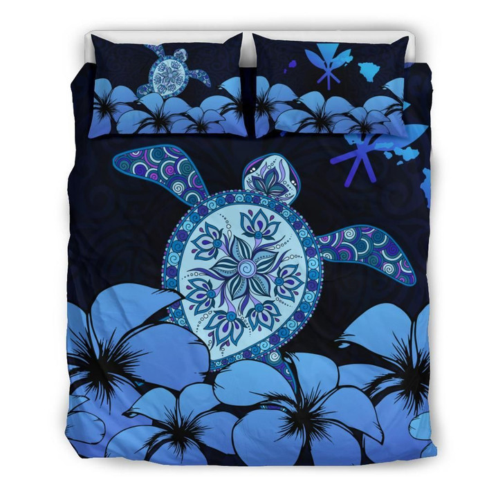 Hawaii Map Turtle Plumeria Blue Duvet Cover Bedding Set