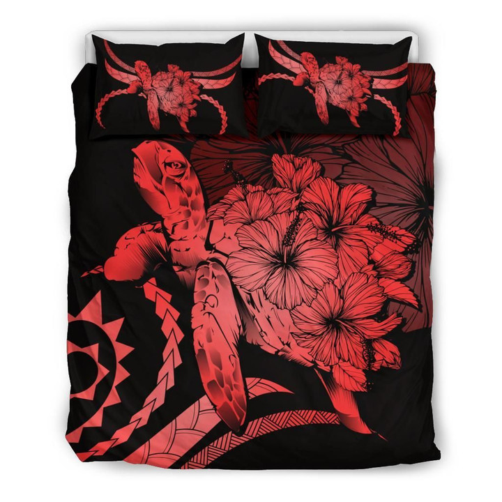 Hawaii Turtle Hibiscus Polynesian Vintage Red Duvet Cover Bedding Set