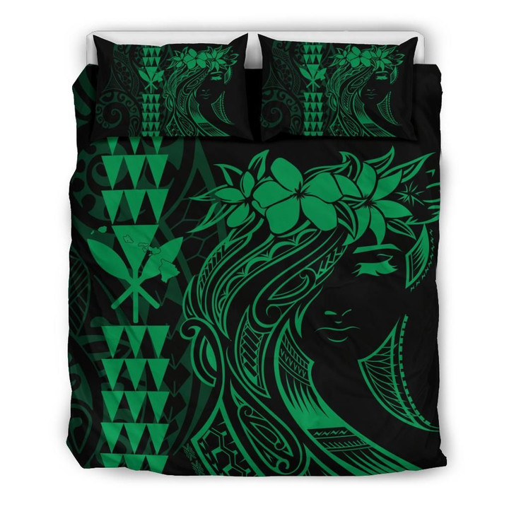 Hawaii Map Kanaka Polynesian Hula Girl Green Duvet Cover Bedding Set