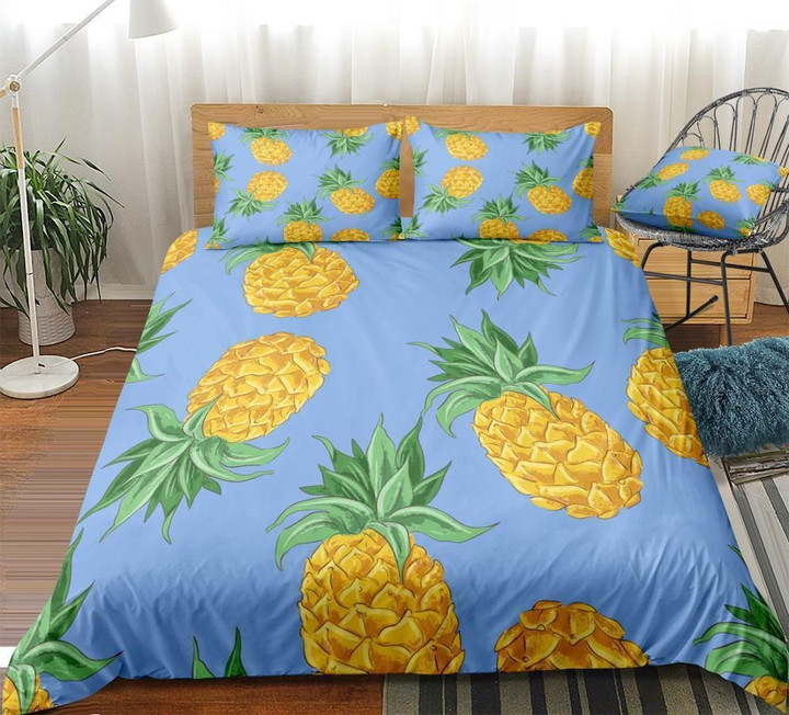 Tropical Pineapples Blue Background Duvet Cover Bedding Set