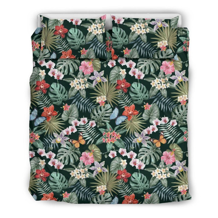 Hawaiian Tropical Butterfly Plumeria Hibiscus Orchids Pattern With Palm Leaves Polynesian Duvet Cover Bedding Set