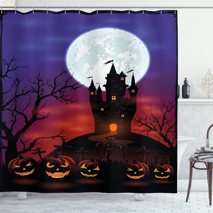 Haunted Castle Halloween Night Shower Curtain Home Decor