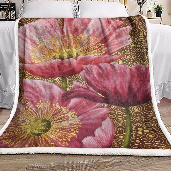 Pink Flower Gold Swirl Background Printed Sherpa Fleece Blanket
