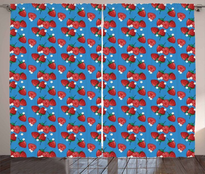 Yummy Fresh Fruits Blue And Red Window Curtain Door Curtain