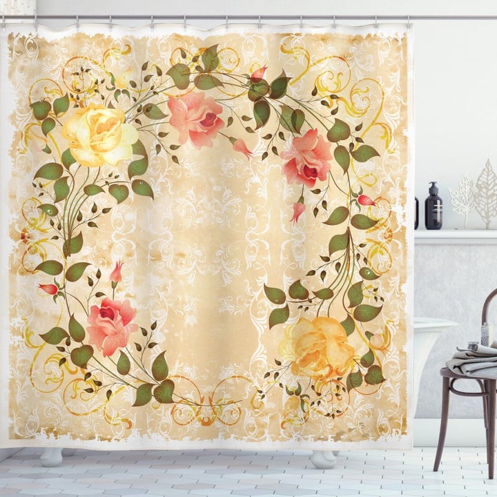 Leaves Roses Floral Wreath Pattern Printed Shower Curtain