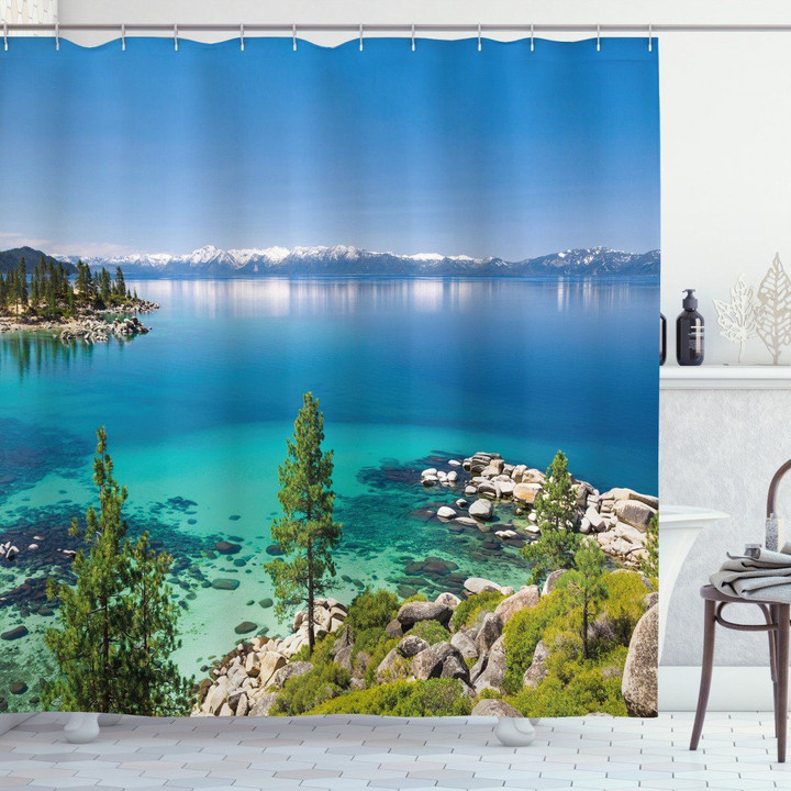 Tranquil Tahoe Shoreline Peace Pattern Printed Shower Curtain