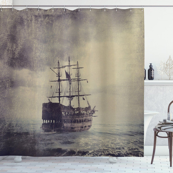 Old Pirate Ship In Sea Pattern Printed Shower Curtain