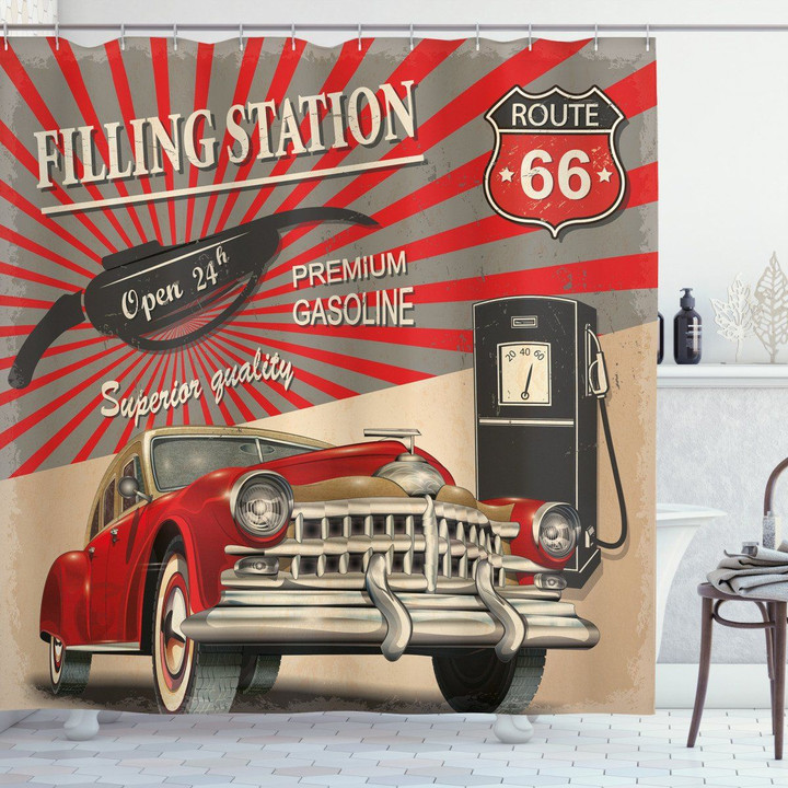 Retro Poster Effect Red Car Pattern Printed Shower Curtain