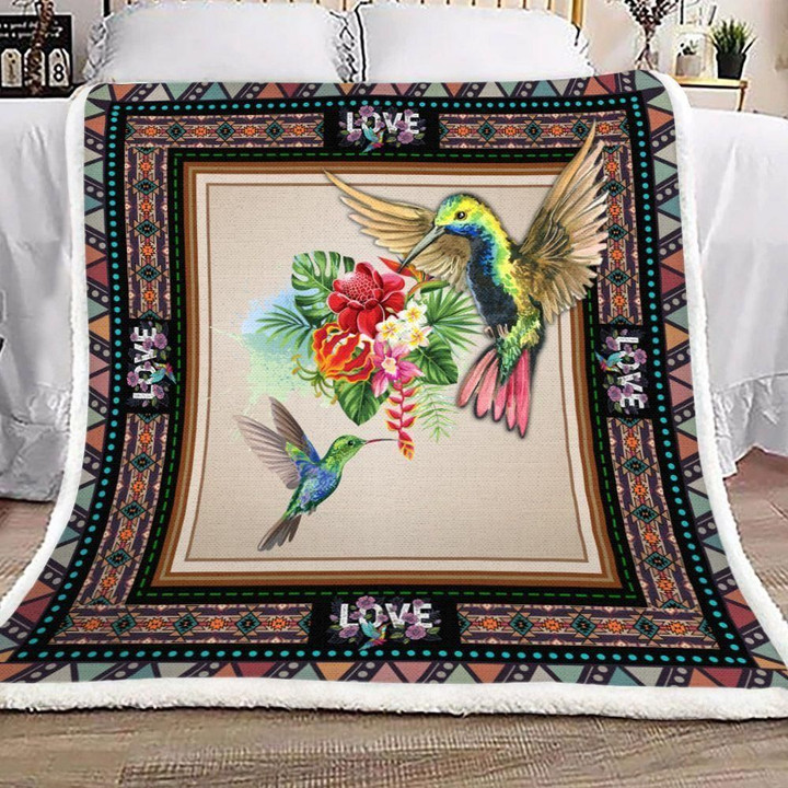Hummingbird And Flower Love Pattern Printed  Sherpa Fleece Blanket