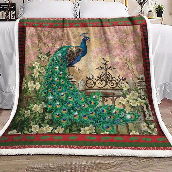 Peacock By Flower Garden Pattern Printed Sherpa Fleece Blanket