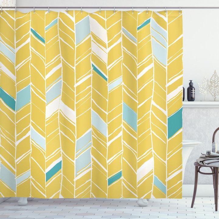 Herringbone Art Yellow And Blue Pattern Printed Shower Curtain