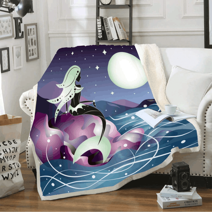 Mermaid Under The Moon Background Printed Sherpa Fleece Blanket