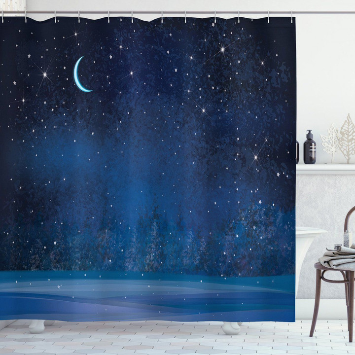Winter Season Nighttime Moon Pattern Printed Shower Curtain