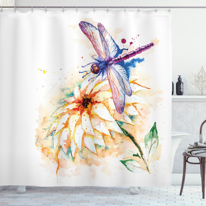 Watercolor Lily Bloom Dragonfly Pattern Printed Shower Curtain