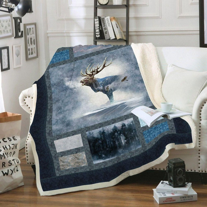 Deer In Snow Pattern Printed  Sherpa Fleece Blanket