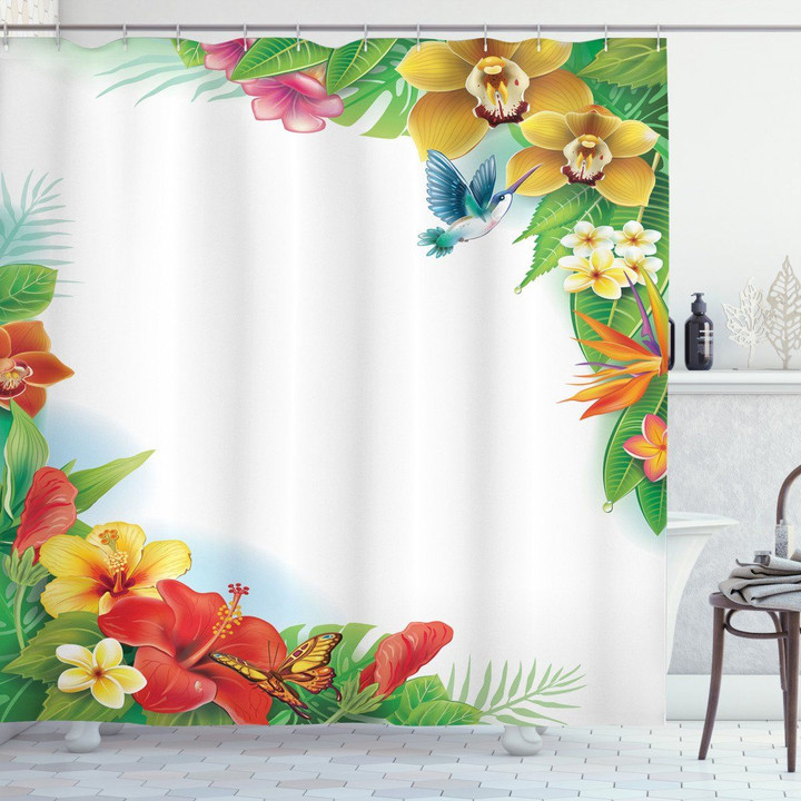 Tropic Flowers Leaves Shower Curtain Home Decor