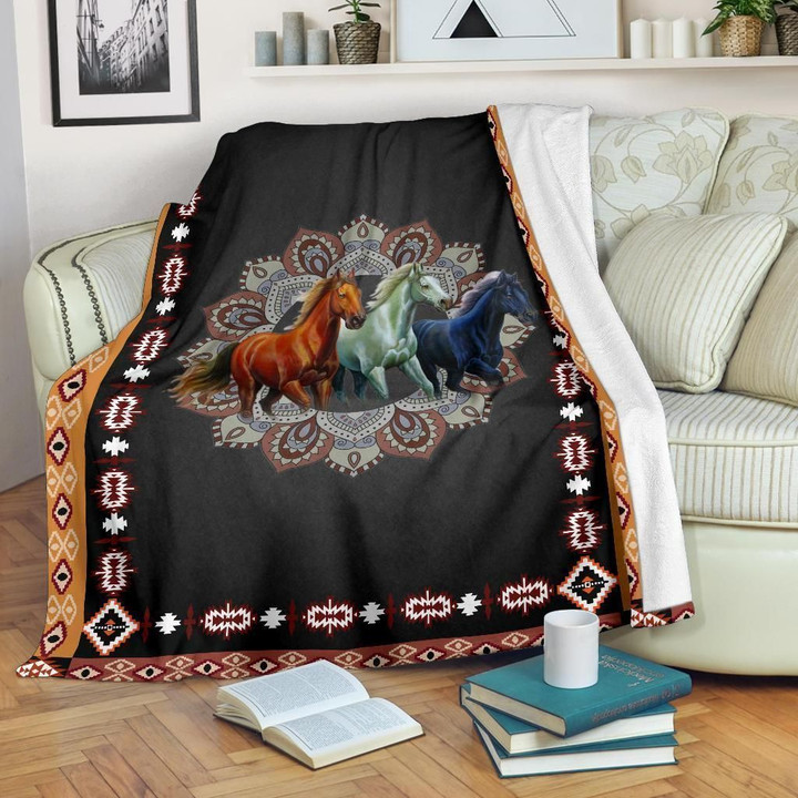 Horse Bohemian Style Black Printed Sherpa Fleece Blanket