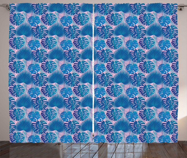 Exotic Palm Monochrome Blue Pattern Window Curtain Door Curtain