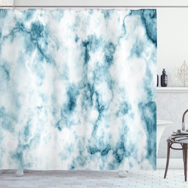 Grunge Marble Effect Blue And White Pattern Printed Shower Curtain