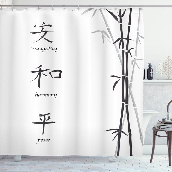 Peace Bamboo Black Words Pattern Printed Shower Curtain