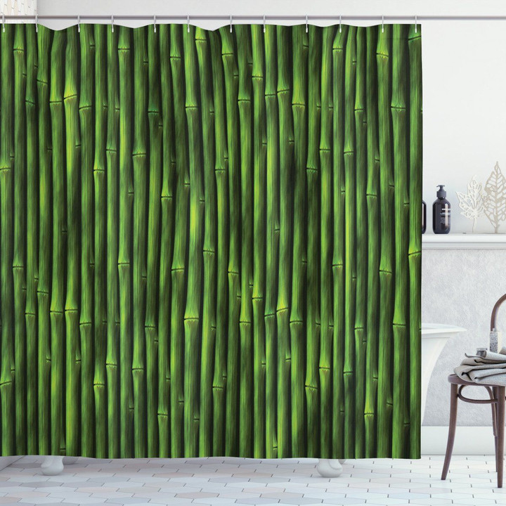 Tropical Bamboo Stems Green Pattern Printed Shower Curtain