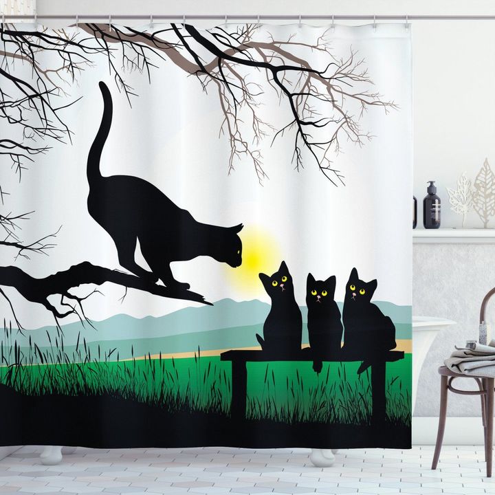 Mother Black Cat Baby Kittens Pattern Printed Shower Curtain