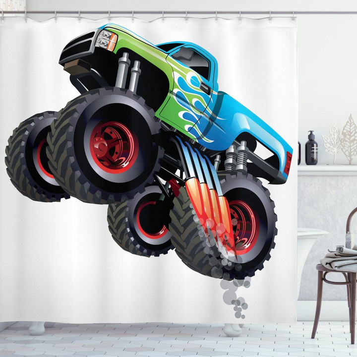 Monster Truck Cool Cartoon Jumping Shower Curtain Home Decor