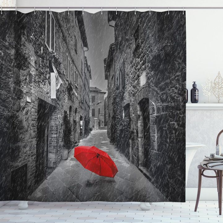 Red Umbrella In Rain Black Pattern Printed Shower Curtain