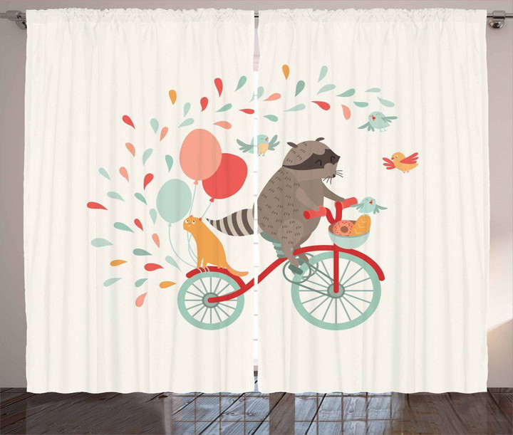 Cheerful Raccoon Bike Pattern Window Curtain Door Curtain