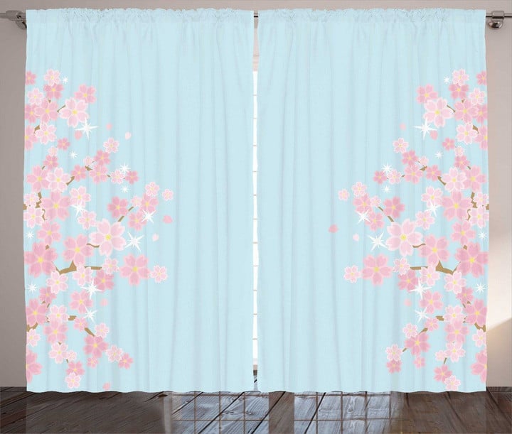 Floral Branches Bloom Pale Blue Window Curtain Door Curtain