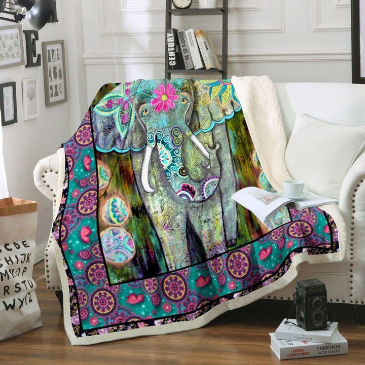 Elephant Teal And Pink Background Printed Sherpa Fleece Blanket
