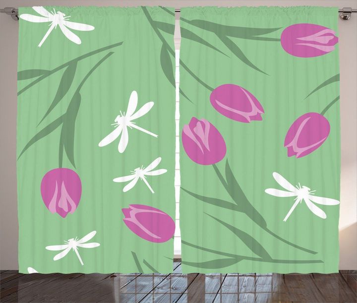 White Dragonflies And Tulips Printed Window Curtain Home Decor