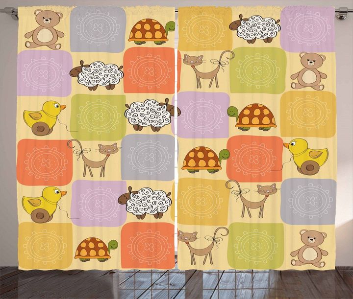 Toys Animals Checkered Printed Window Curtain Home Decor