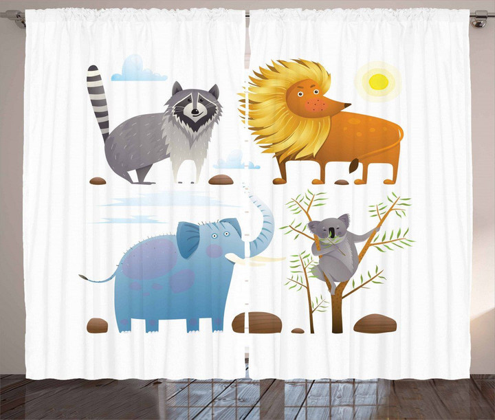 Lion Elephant Raccoon Printed Window Curtain Home Decor
