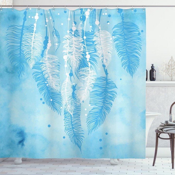 Aqua Boho Feather Printed Shower Curtain Bathroom Decor
