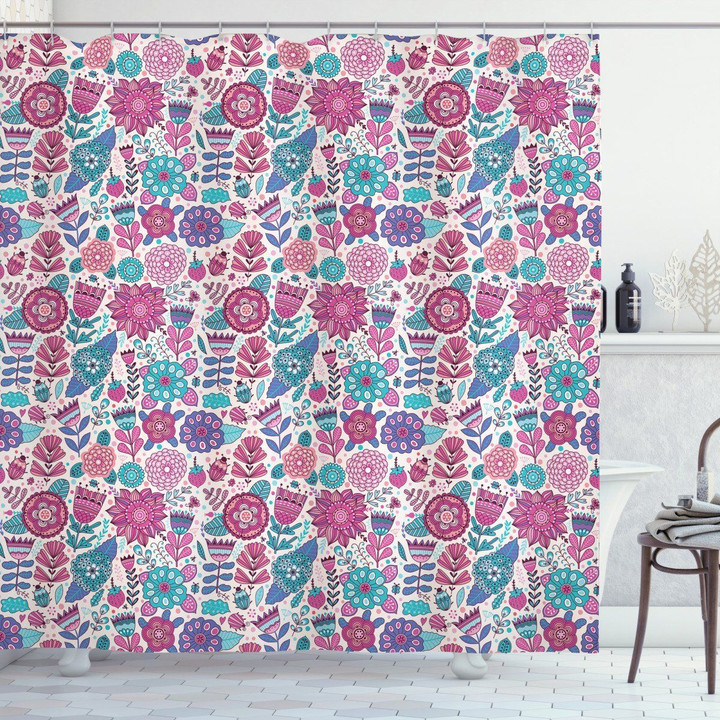 Doodle Peonies Tulips Pink 3d Printed Shower Curtain Bathroom Decor