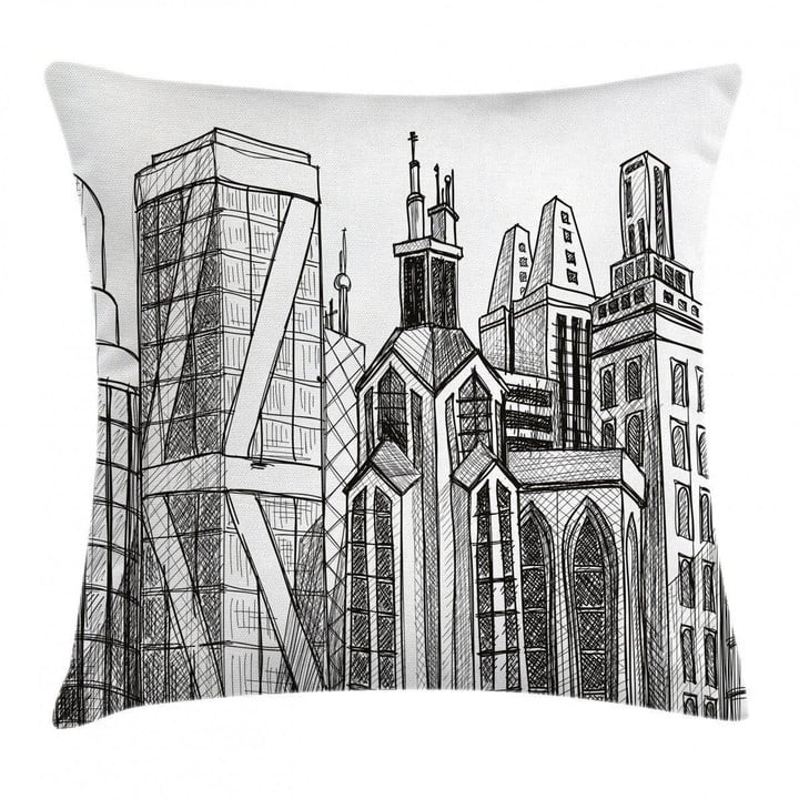 City Town Skyscrapers Outline Pattern Art Printed Cushion Cover