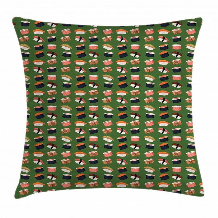Seafood Rolls On Green Shade Art Pattern Printed Cushion Cover