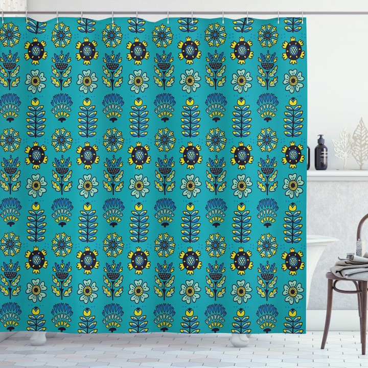 Botanical Element Flower Printed Shower Curtain Bathroom Decor