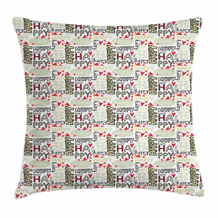 Happy Words With Hearts Art Pattern Printed Cushion Cover
