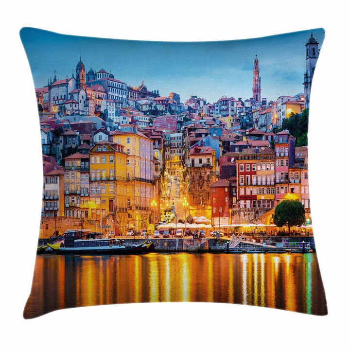 Medieval Town Coast Pattern Printed Cushion Cover